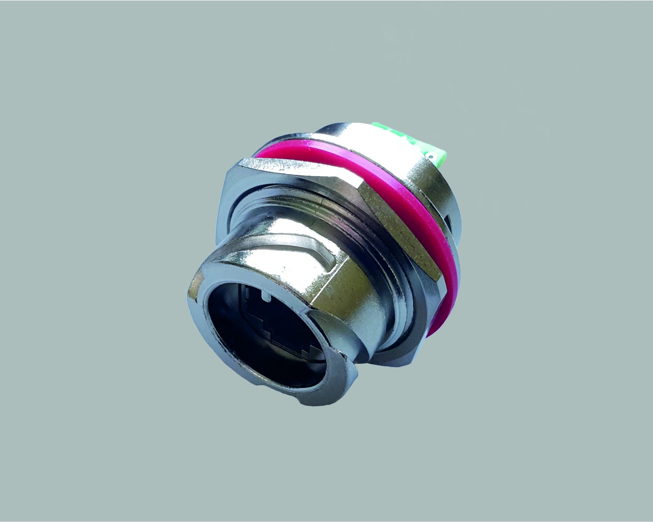 Modular Einbaubuchse wassergeschützt nach IP67, RJ45, 8P8C, CAT 5e, mit Platinenanschluss, robuste Metallausführung, Bajonettverschluss