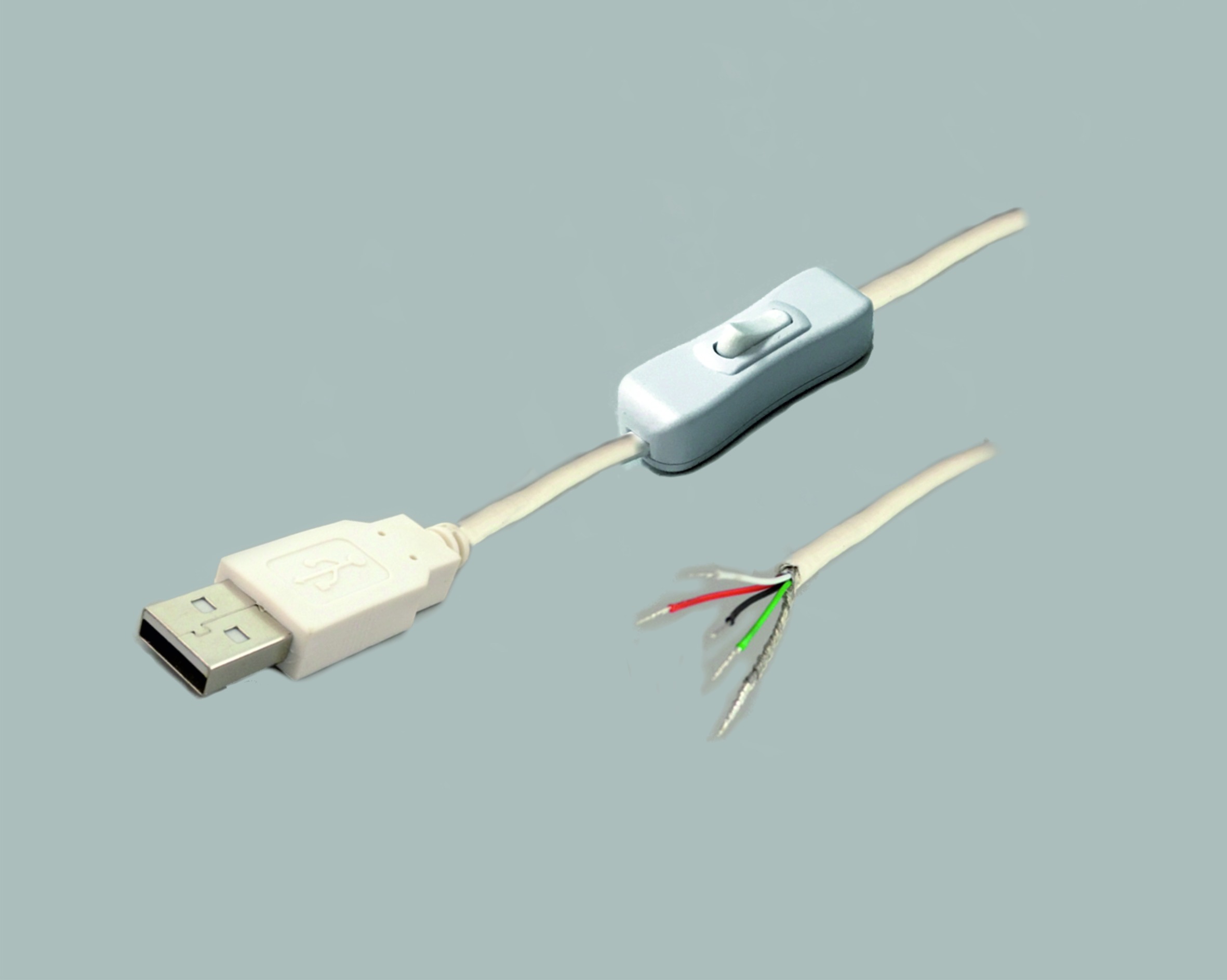 USB-Anschlussleitung USB-A Stecker auf freies Ende mit Schalter, 5-polig belegt, 1,8m, weiß, abgemantelt und verzinnt