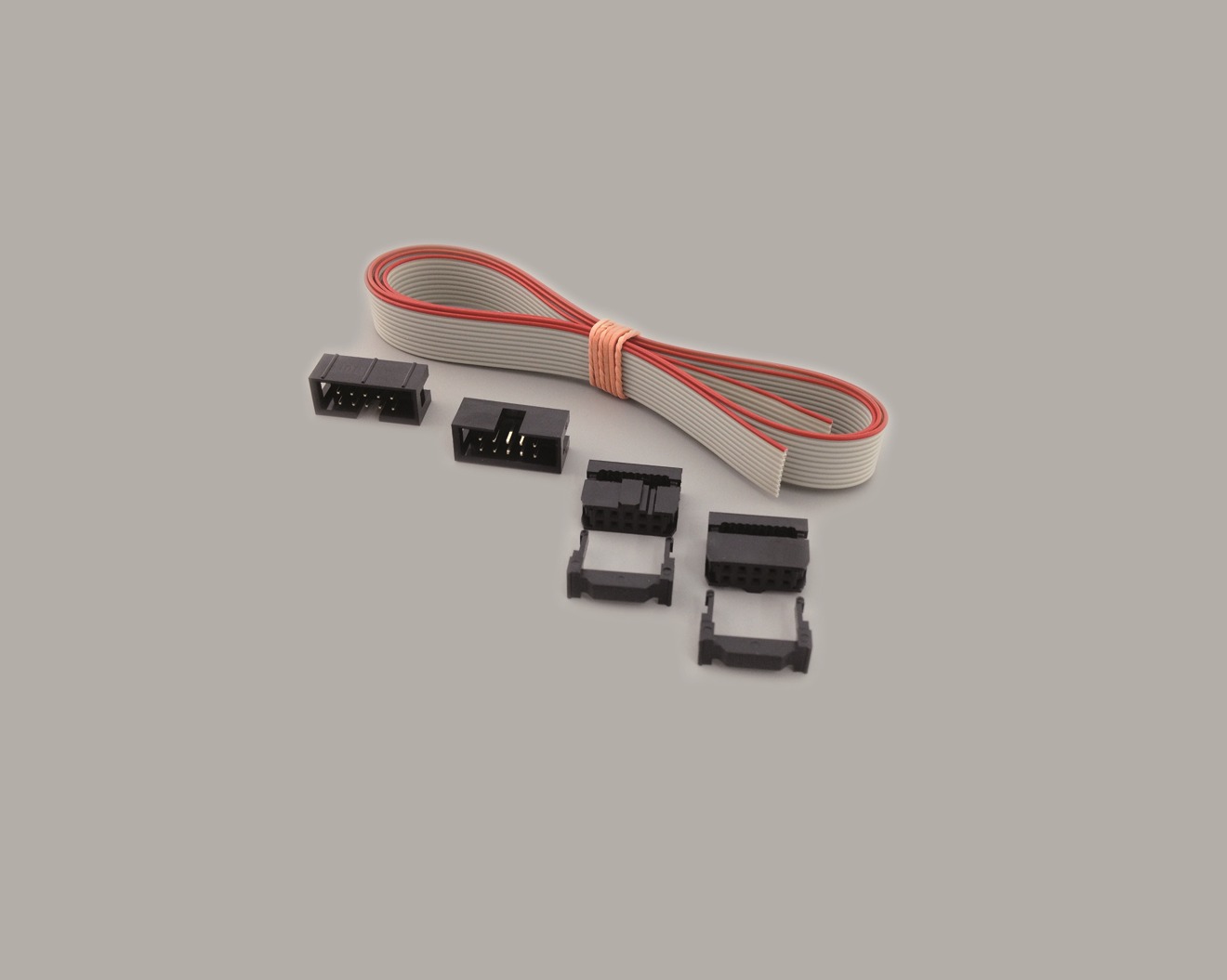 AWG 28-Set, 1m Flachbandkabel grau, 26-pol, RM 1,27mm, 2x Stiftwanne 2x13-pol RM 2,54mm, 2x Pfostenverbinder 2x13-pol. RM 2,54mm