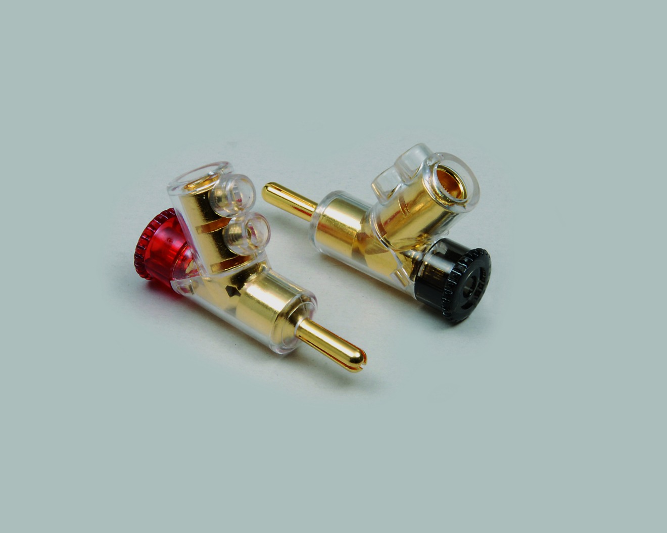 High End Bananen-Winkelstecker 24K vergoldet, 2-fach Schraubanschluss, Steckkontakt stufenlos spreizbar, Kennring schwarz, Kabel max. 16mm²