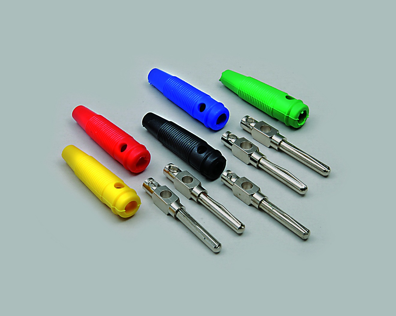 Bananenstecker, Ø 4,0mm, Schraubanschl., m. Querloch u. Längsfeder, trittf., hochflex., blau , verg., 50 Stk.