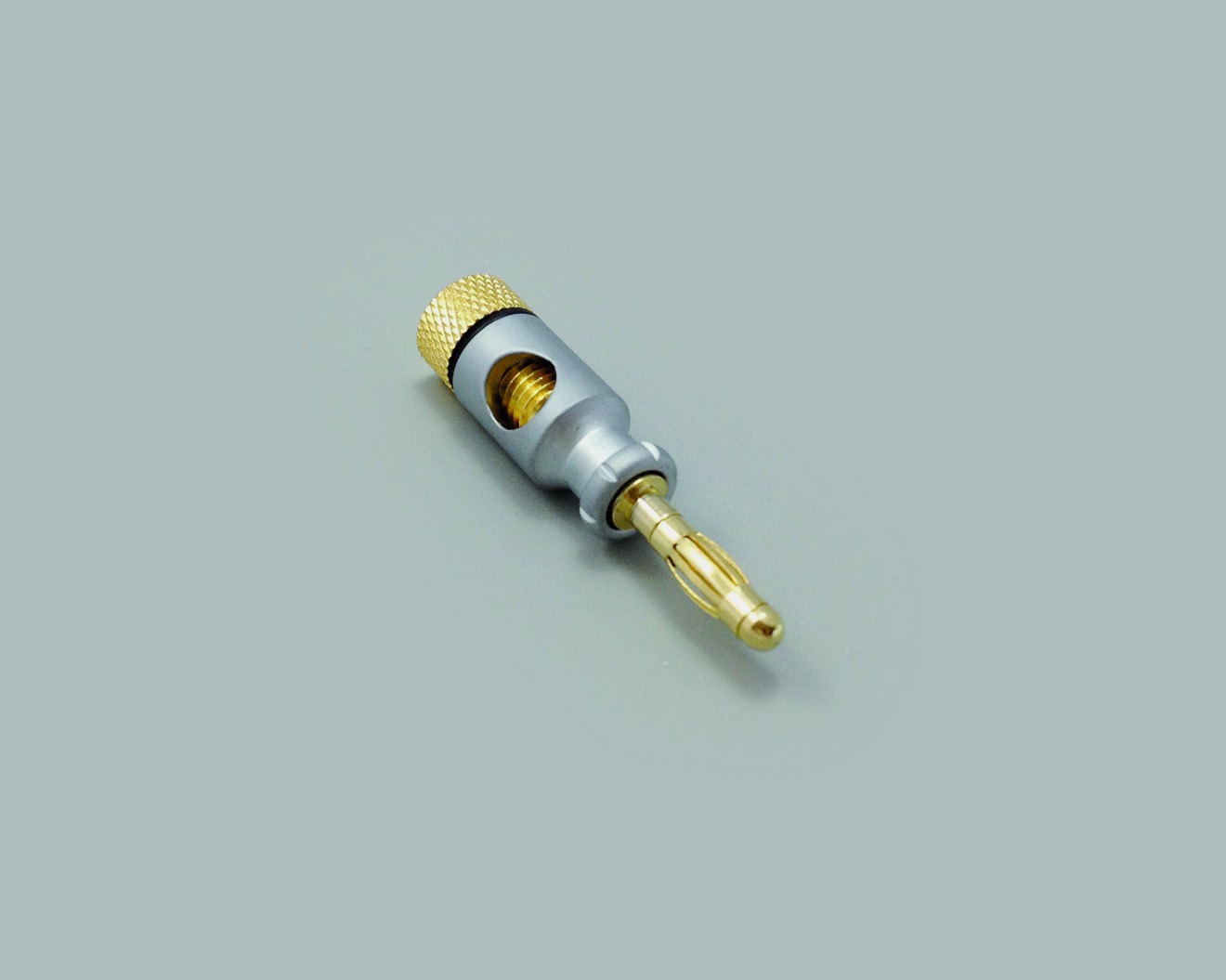High-End Bananenstecker, Ø 4mm, vergoldet, mit Querloch, Gehäuse Pearlchrome, Kennung schwarz