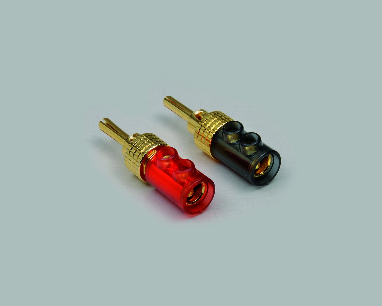 High End Bananenstecker 24K vergoldet mit 2-fach Schraubanschluss, Steckkontakt stufenlos spreizbar, Griffkörper schwarz, Kabel max. 16mm²