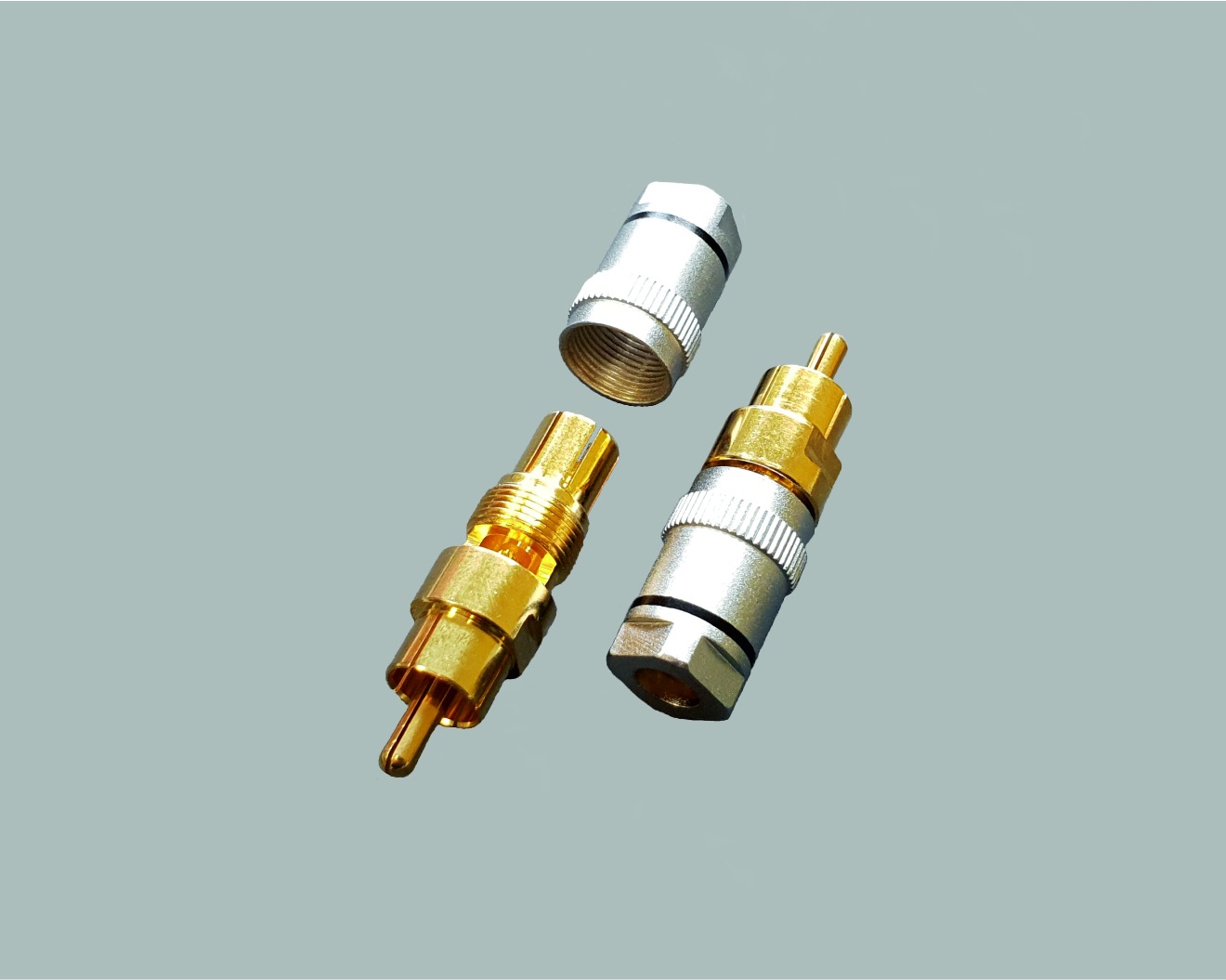 Cinchstecker, Metallausführung, vergoldet, schwarze Kennung, Schraubanschluss, lötfreie Montage, für Kabeldurchmesser 5-6mm