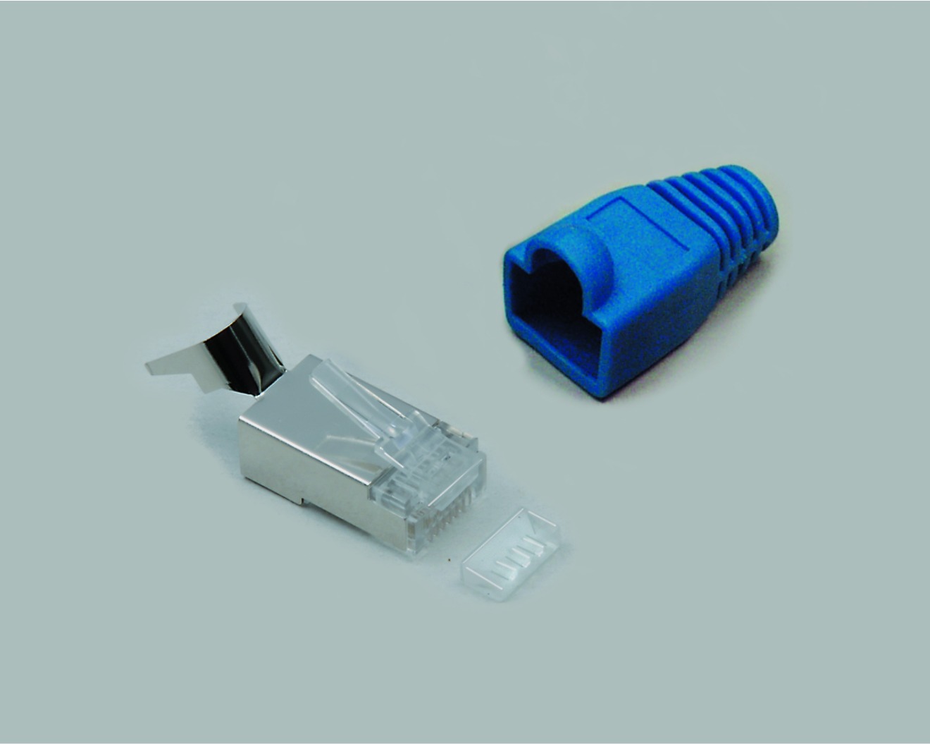 Modularstecker 8 polig, 8P8C(RJ45) für AWG 23, mit Einführhilfe, Rundkabel mit Drahtleiter, mit Knickschutztülle, schwarz