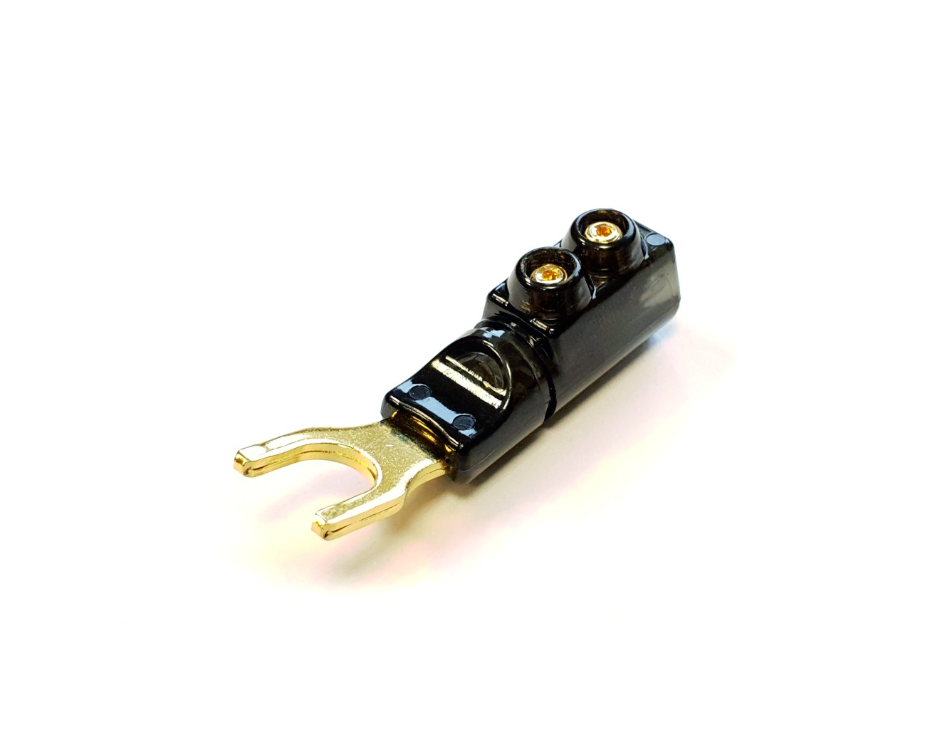 High End Kabelschuh vergoldet, 2-fach Schraubanschluss, Farbkennung schwarz, Kabel max. 16mm²