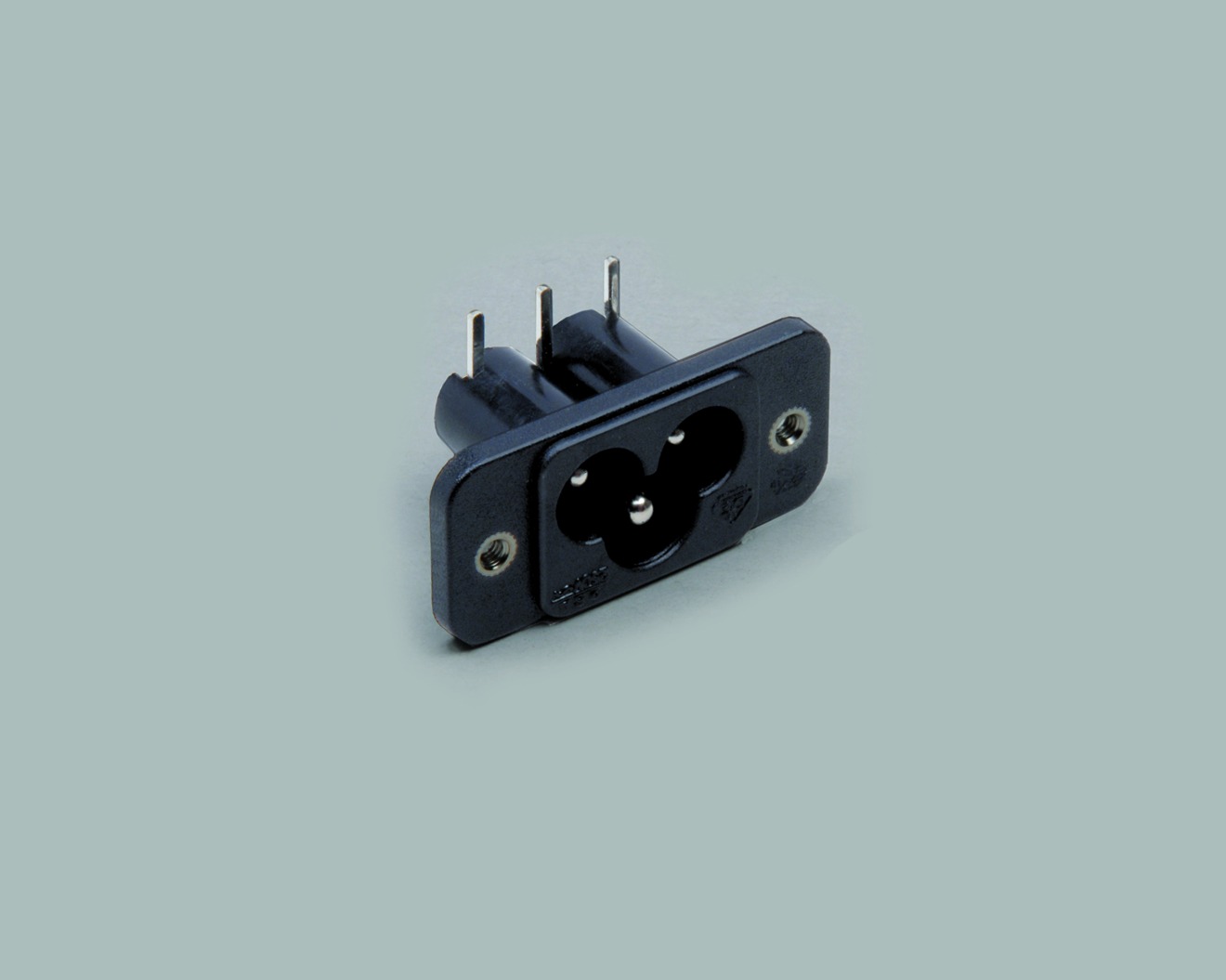 AC-Einbaustecker C6 3-polig, Printausführung 90°, Flanschbefestigung