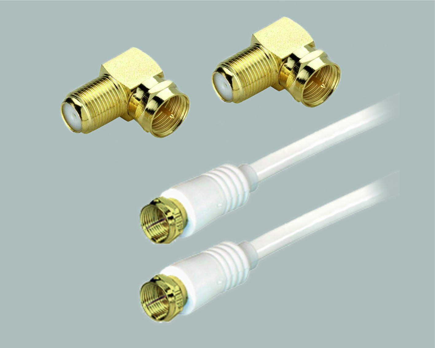 SAT-Anschlussset, 1x SAT-Anschlußkabel und 2x F-Winkeladapter, vergoldet