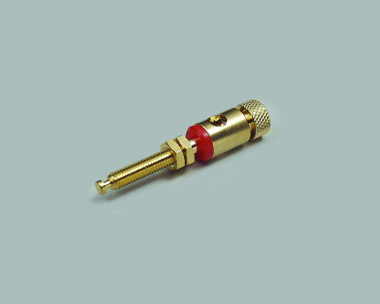 High-End Lautsprecher-Klemme, vergoldet, zum Einschrauben in Boxenwände, Kennung rot, 6,0mm²