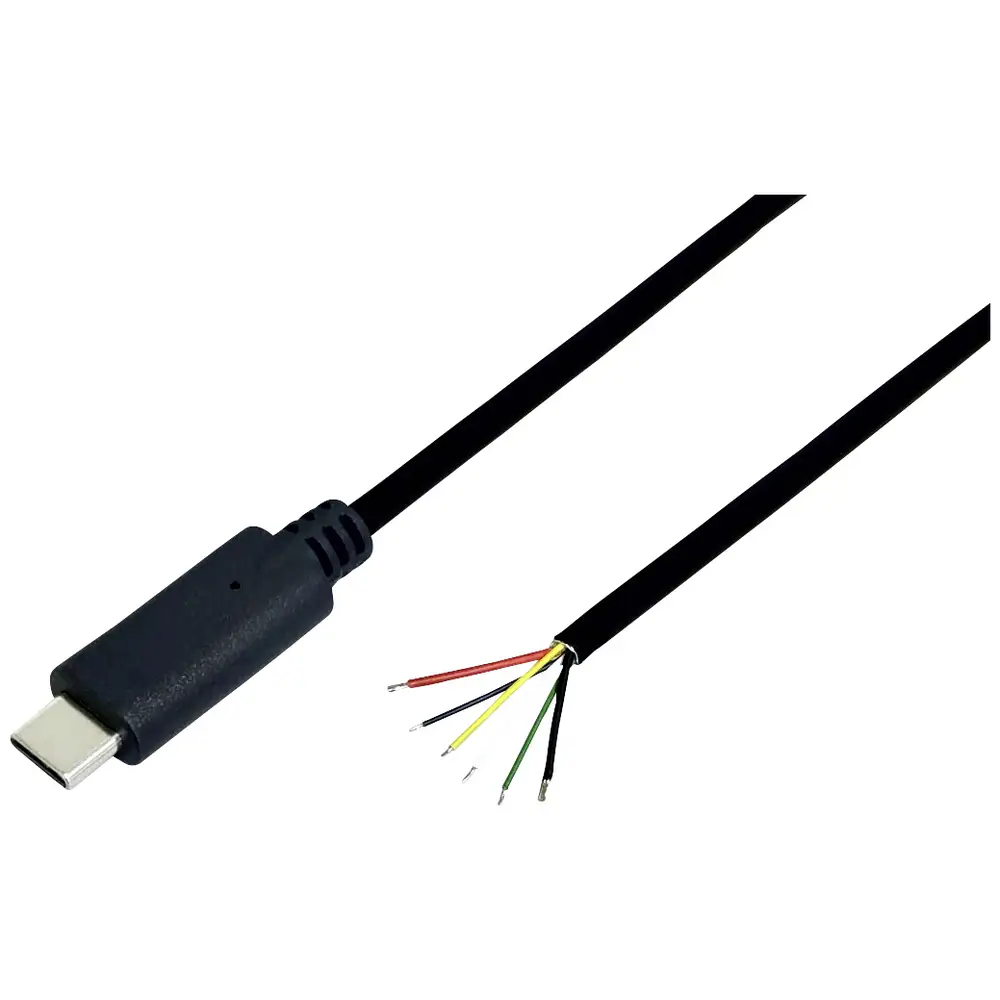 USB-C Anschlusskabel, PD Power Delivery 100W(5A/20V) mit E-Mark Chip zum schnell laden, USB-C-Stecker gerade auf offenes Ende, 2,0m, schwarz, abgemantelt und verzinnt