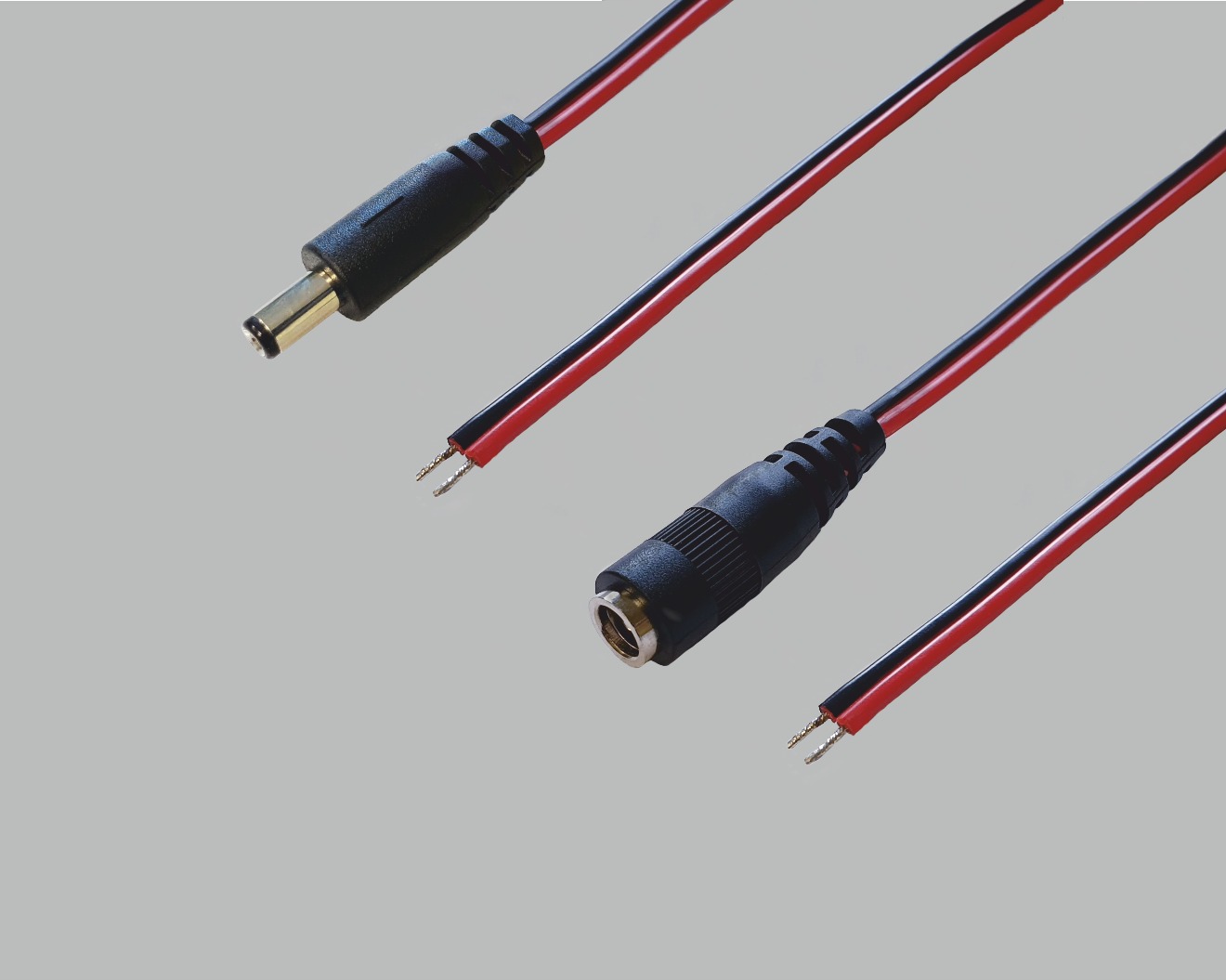 2x DC-Anschlusskabel Set auf offenes Ende, 2x0,40mm², rot/schwarz, verzinnt, 2m: 1x DC-Stecker gerade 2,5x5,5mm, 1x DC-Kupplung 2,5x5,5mm