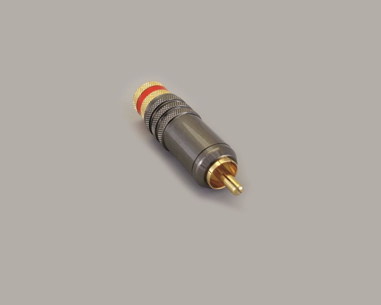 Cinchstecker, Metallausführung, vergoldet, rote Kennung, Schraubanschluss, Kabel max. 9mm