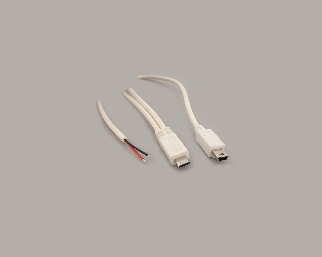 Micro USB-B 5 pol + Mini USB-B 5 pol Stecker auf freies Ende, abgemantelt und verzinnt, 2 polig belegt, 1,5m, weiß