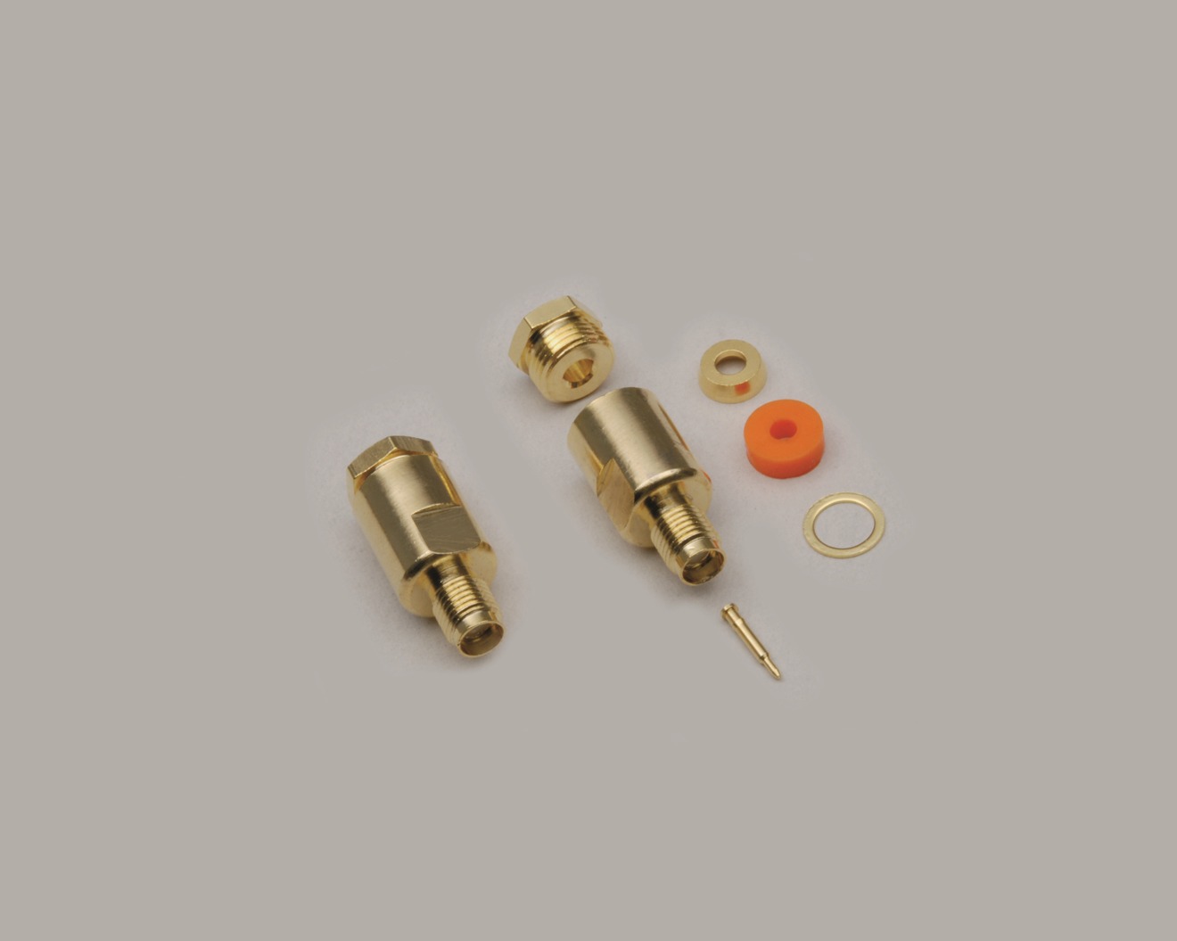 SMA-Reverse Kupplung 50 Ohm, vergoldete Lötausführung, Teflon-Isolation, RG 58/141