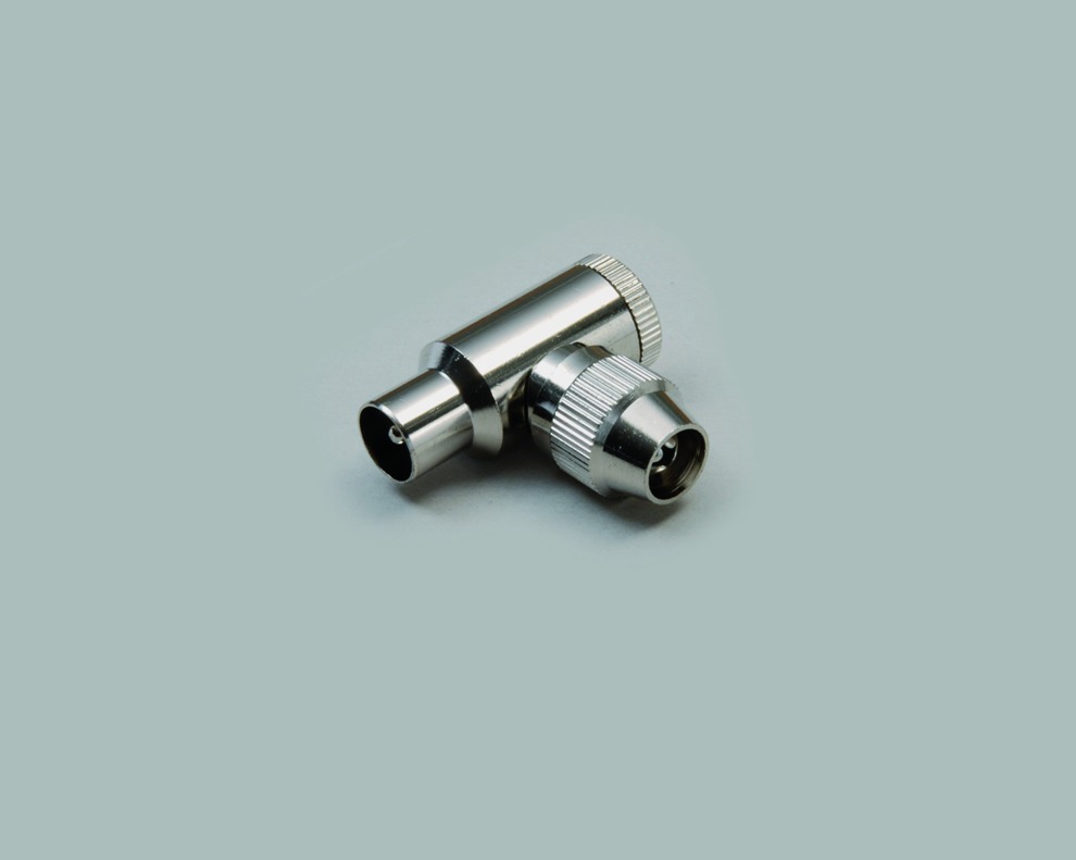 Koax-Winkelstecker, 75 Ohm, Vollmetallausf., kompl. geschirmt, mit Schraubanschl., Schirmungsfaktor ≥ 75dB