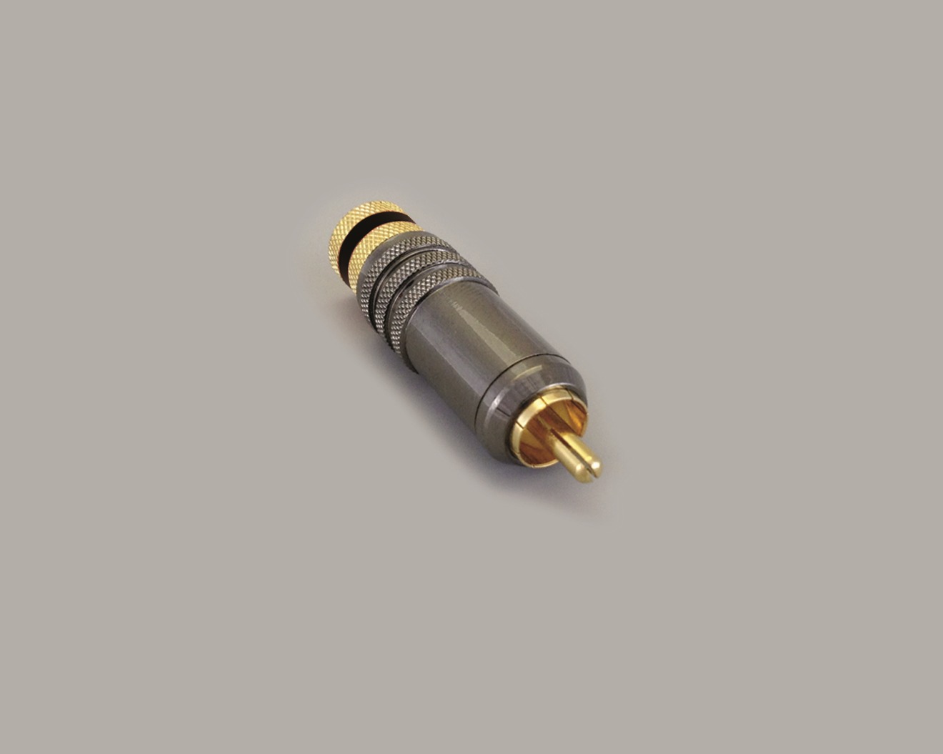Cinchstecker, Metallausführung, vergoldet, schwarze Kennung, Schraubanschluss, Kabel max. 9mm