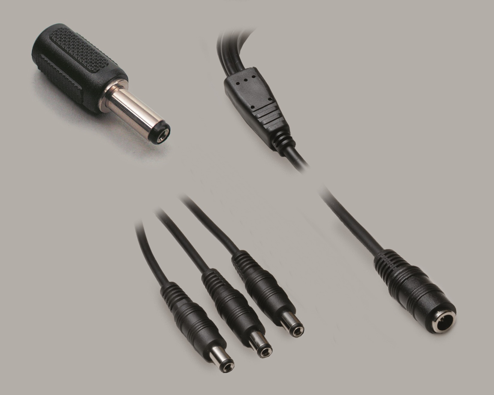 DC Set, DC Verteiler schwarz (0,35m) 1x Kupplung 2,5/5,5mm auf 3x Stecker 2,5/5,5mm + DC Adapter Stecker 2,5/5,5mm auf Kupplung 2,1/5,5mm