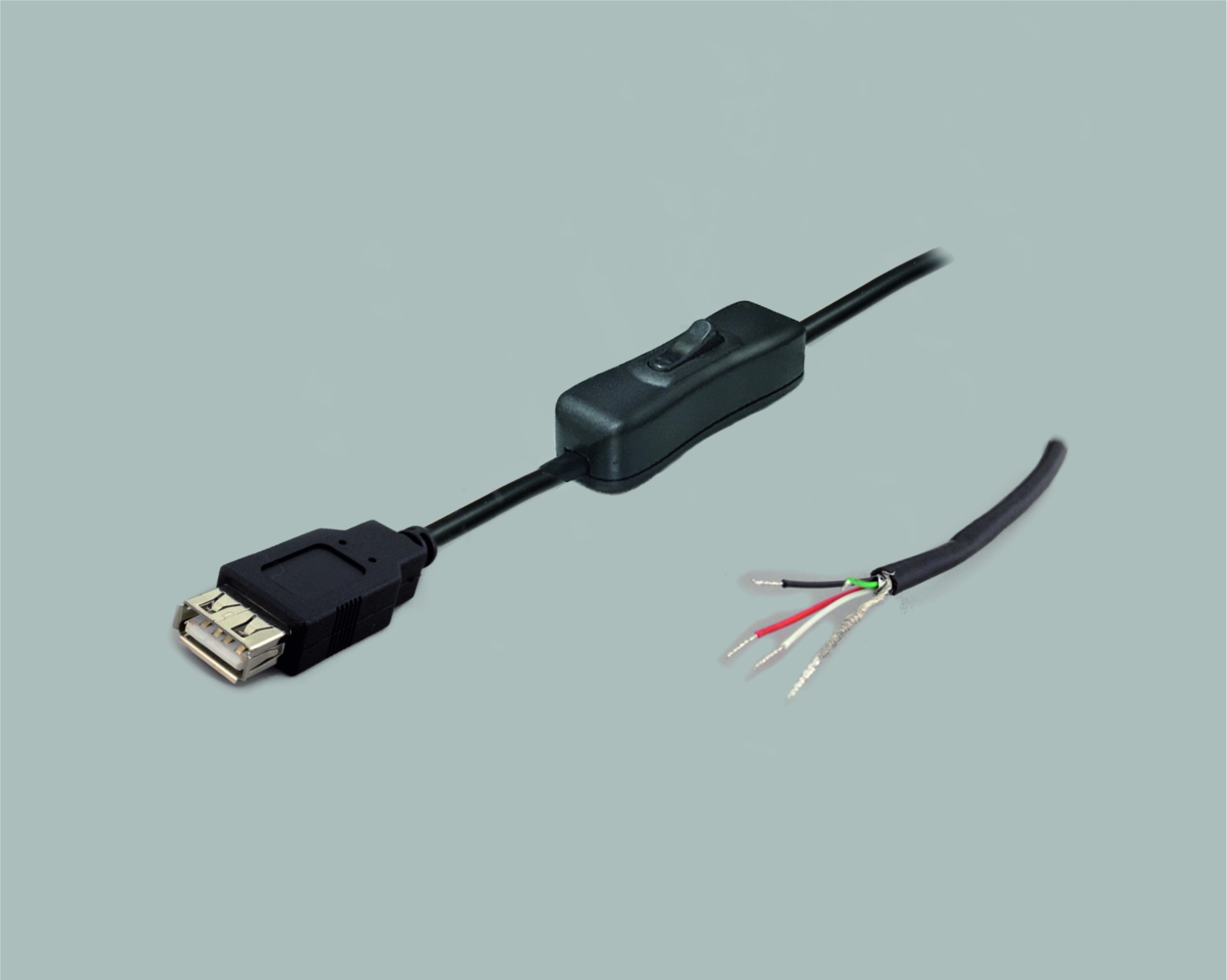 USB-Anschlussleitung USB-A Kupplung auf freies Ende mit Schalter, 5-polig belegt, 1,8m, schwarz, abgemantelt und verzinnt
