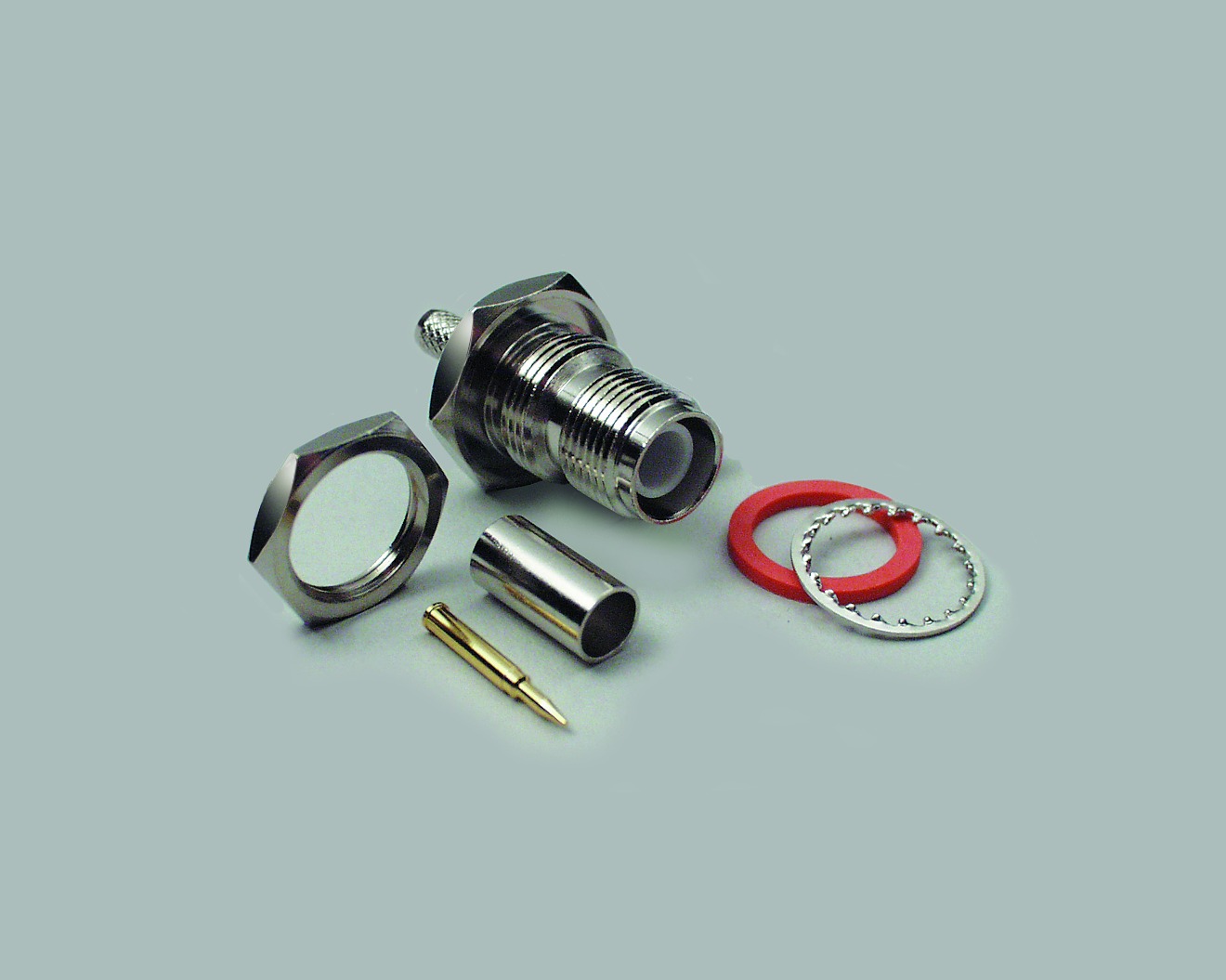 TNC-Reverse Einbaubuchse 50 Ohm, Crimpausf., Teflon-Isolation, für RG 174/316