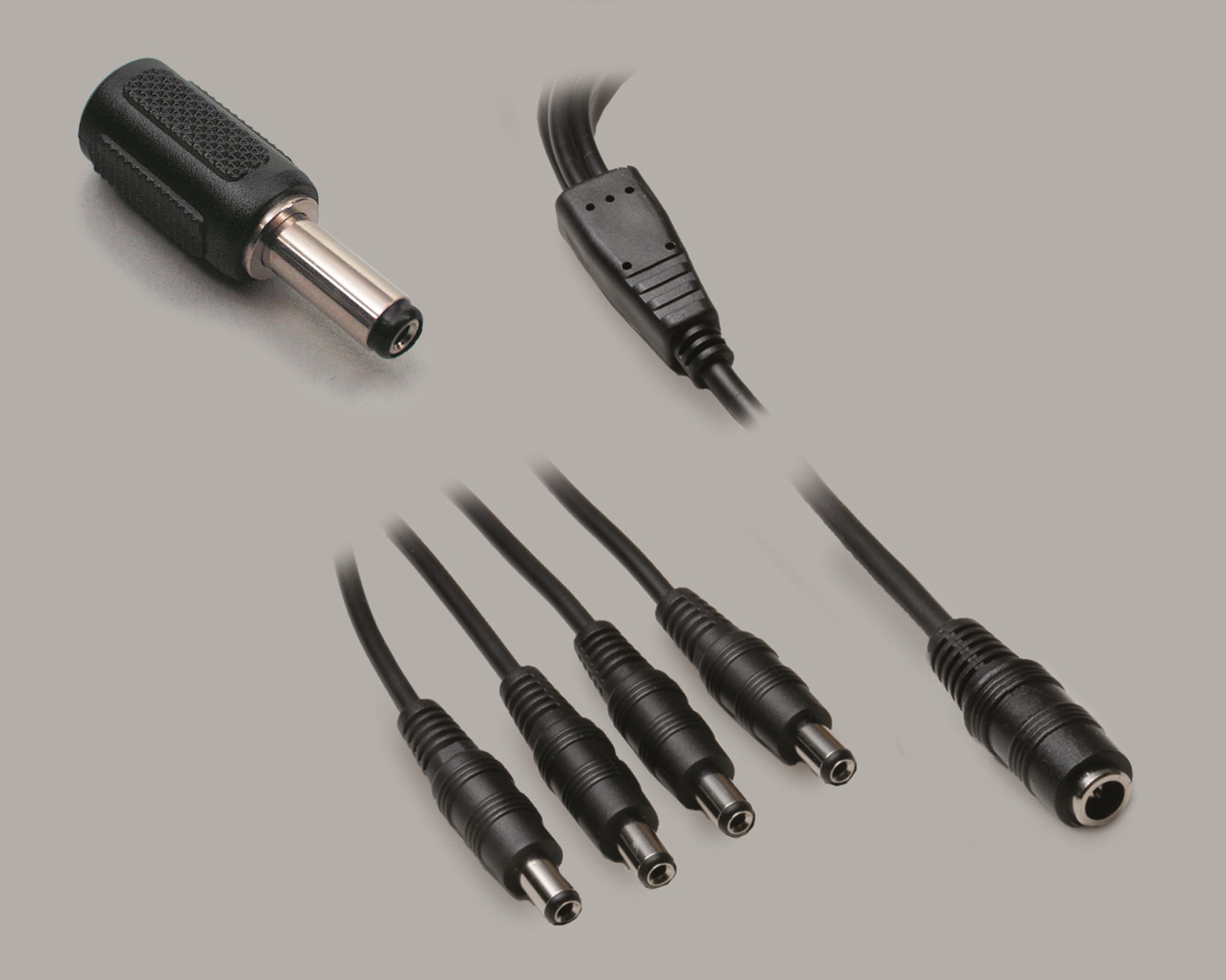 DC Set, DC Verteiler schwarz (1,1m) 1x Kupplung 2,5/5,5mm auf 4x Stecker 2,5/5,5mm + DC Adapter Stecker 2,5/5,5mm auf Kupplung 2,1/5,5mm
