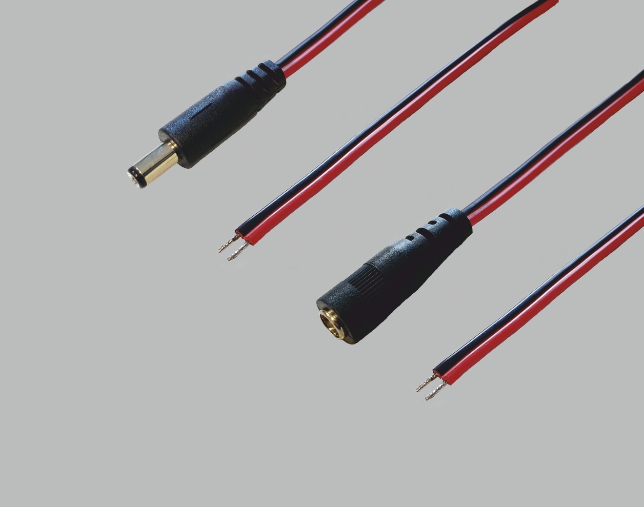 2x DC-Anschlusskabel Set auf offenes Ende, 2x0,40mm², rot/schwarz, verzinnt, 2m: 1x DC-Stecker gerade 2,1x5,5mm, 1x DC-Kupplung 2,1x5,5mm
