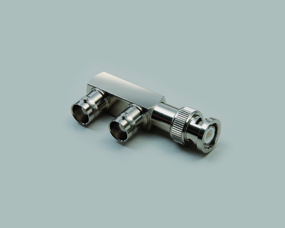 Adapter, F-Form, Winkelausf., 75 Ohm, 1 x BNC-Stecker, 2 x BNC-Kupplung