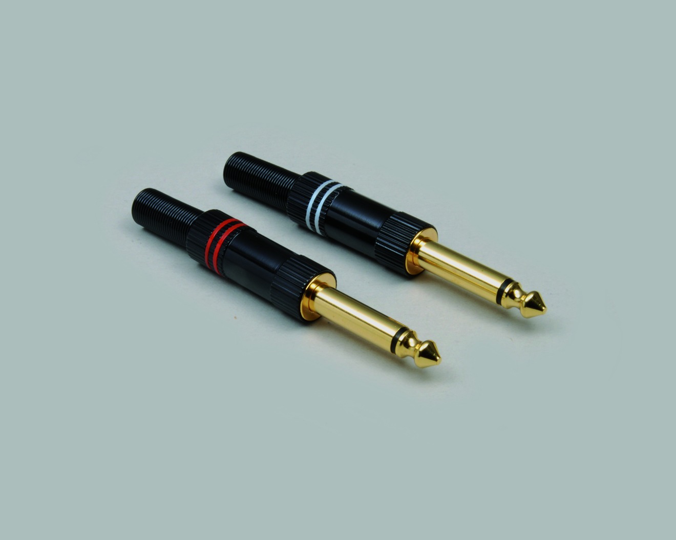 High-End Klinkenstecker 6,3mm, 2 polig, mit Knickschutz, vergoldet, Kennung weiss, max. Kabel Ø 6,5mm, Gehäuse schwarz