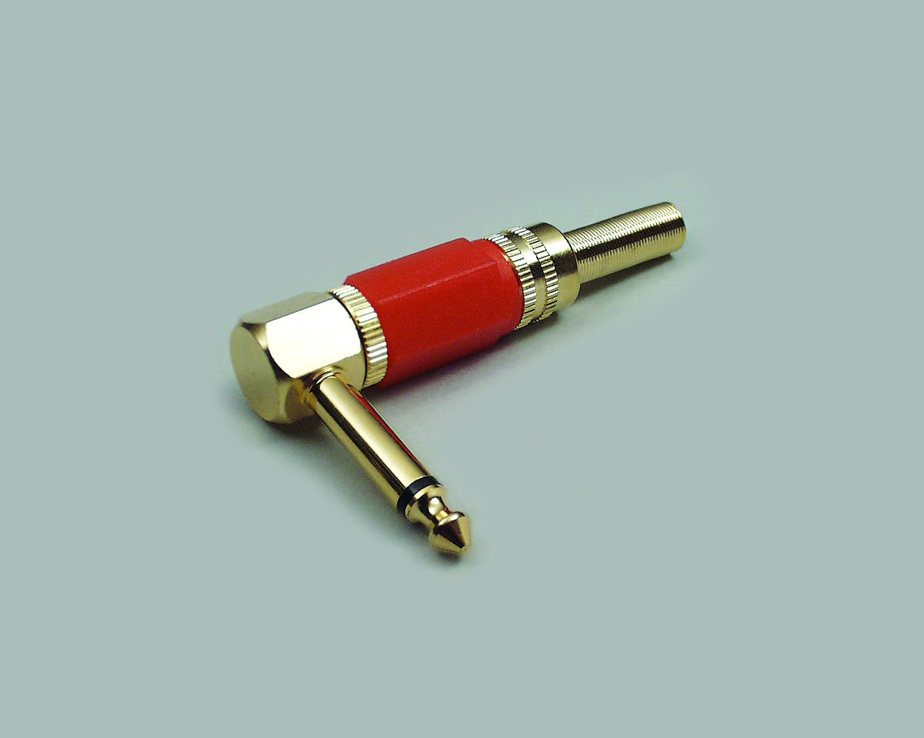 High-End Spezial Klinken-Winkelstecker, 6,3 mm, 2 polig, vergoldet, Griffhülse rot, max. Kabel Ø 6,8mm