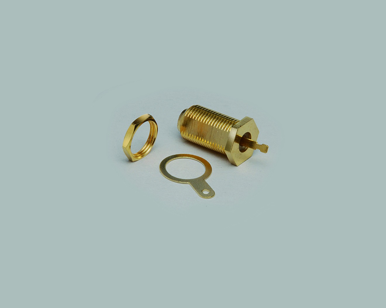 F-Einbaubuchse, Einlochmontage, Gewindelänge 18mm, mit Mutter, kompl. vergoldet