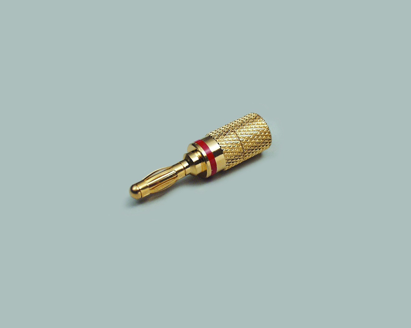 High-End Bananenstecker, Ø 4,00mm, vergoldet, Kabelöffnung 4 mm, Kennung rot
