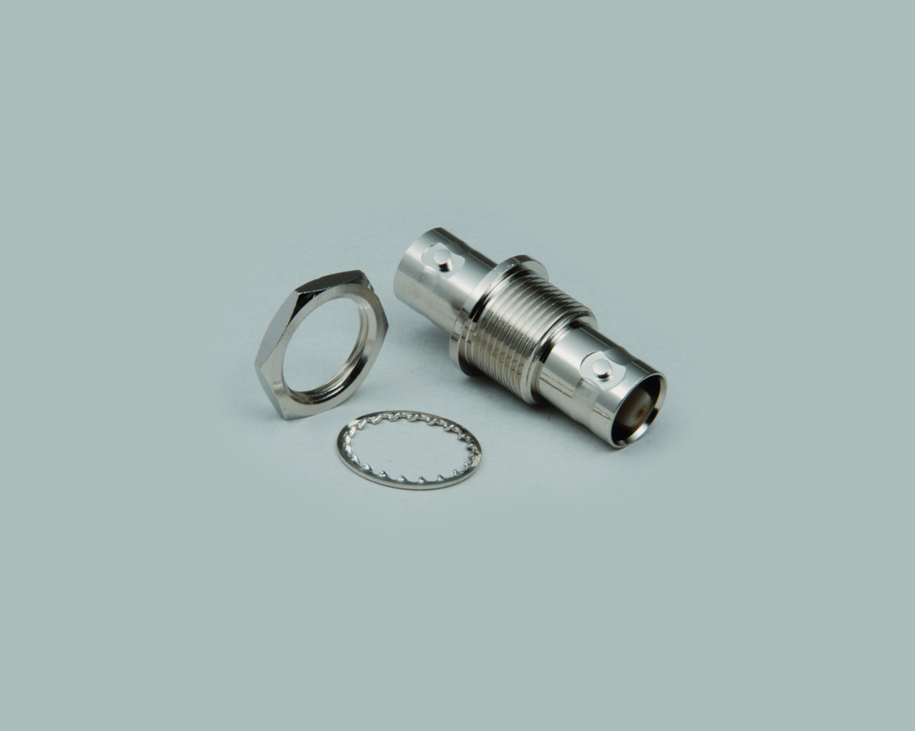 Einbauadapter, BNC-Kupplung auf BNC-Kupplung, langes Gewinde, mit Mutter, 75 Ohm