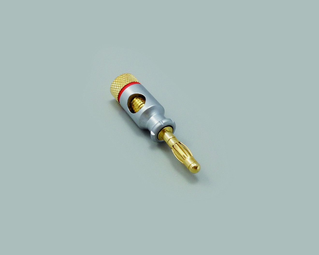 High-End Bananenstecker, Ø 4mm, vergoldet mit Querloch, Gehäuse Pearlchrome, Kennung rot