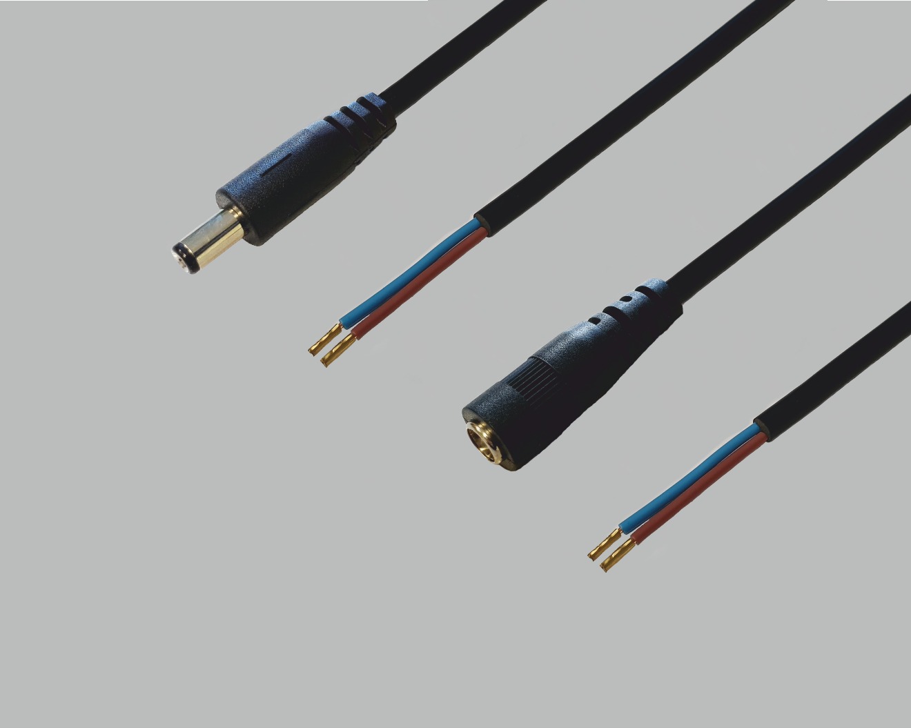 2x DC-Anschlusskabel Set auf offenes Ende, 2x0,5mm², schwarz, Aderendhülsen: 1x DC-Stecker gerade 2,5x5,5mm, 2m, 1xDC-Kupplung 2,5x5,5mm, 2,5m